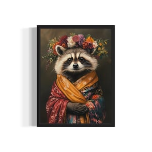 Raccoon Poster Art Print, Animal Flowers in Kimono Wall Art Decor Painting Artwork Bedroom Decor