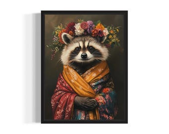 Raccoon Poster Art Print, Animal Flowers in Kimono Wall Art Decor Painting Artwork Bedroom Decor