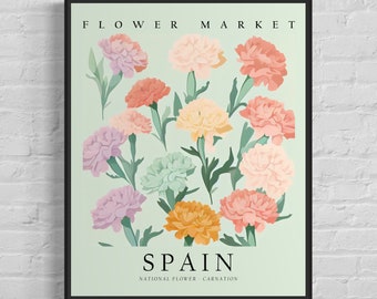 Spain National Flower, Spain Flower Market Art Print, Carnation 1960's Wall Art , Neutral Botanical Pastel Artwork