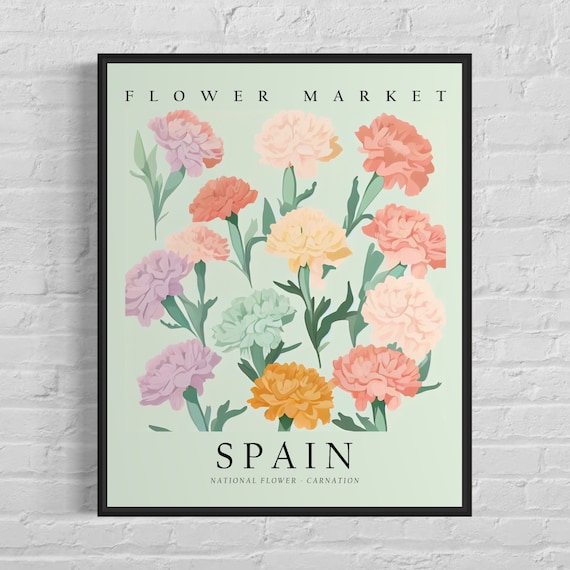 Spain National Flower, Spain Flower Market Art Print, Carnation 1960's Wall  Art , Neutral Botanical Pastel Artwork 