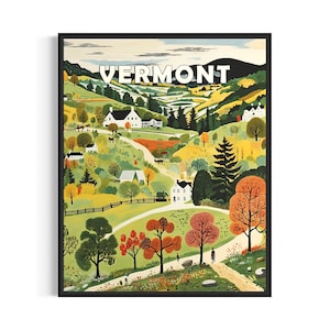 Vermont and Motto Landscape Scenery Poster Art Print, American Folk Art Wall Art Decor, Naive Painting Gifts