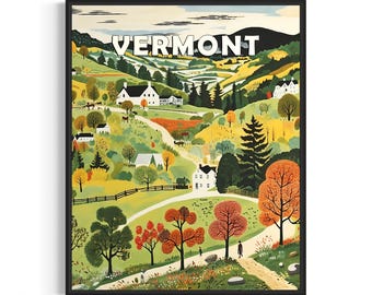 Póster artístico con paisaje de Vermont y Motto, decoración de pared con arte popular estadounidense, regalos de pintura ingenua
