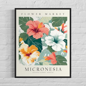 Micronesia Flower Market Art Print, Micronesia Flower, Hibiscus Wall Art, Botanical Pastel Artwork