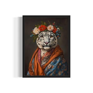 雪豹のポスターアートプリント、着物を着た動物の花の壁アート装飾絵画アートワーク寝室の装飾