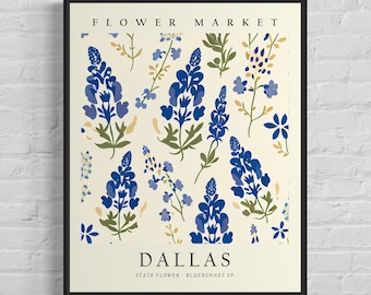 Dallas Texas Wild Flower Market Art Print, Dallas Texas Flower Wall Art, Bluebonnet Sp. Botanical Pastel Artwork