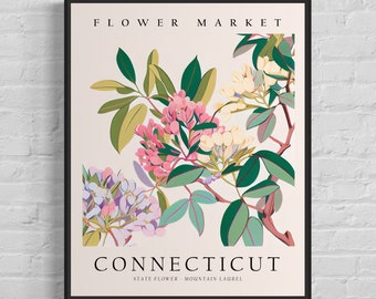 Connecticut State Flower, Connecticut Flower Market Art Print, Mountain Laurel 1960's Wall Art, Neutral Botanical Pastel Artwork