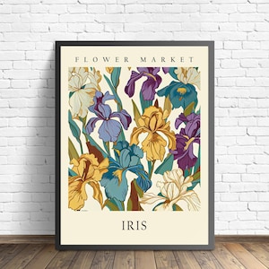 Iris Flower Market Art Print, Iris Wall Art, Botanical Pastel Artwork