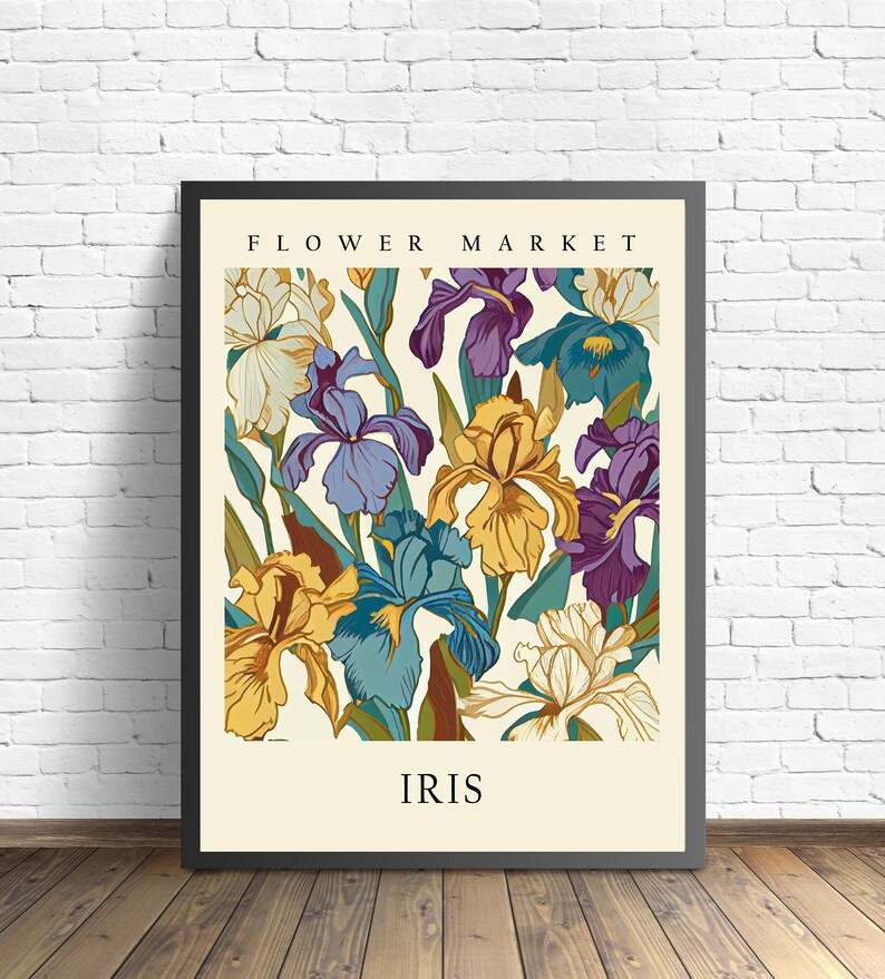 May include: A vintage style poster with a floral design featuring a bouquet of colorful irises. The poster has the text "FLOWER MARKET" at the top and "IRIS" at the bottom.