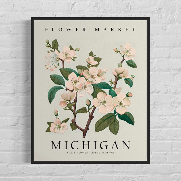 Flor del estado de Michigan, impresión de arte del mercado de flores de Michigan, arte de pared de Apple Blossom de 1960, arte pastel botánico neutro