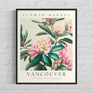 Vancouver Washington Flower Market Art Print, Vancouver City Poster, Coast Rhododendron Wall Art, Botanical Pastel Artwork
