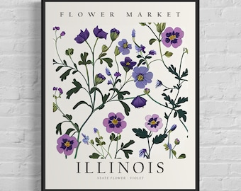 Illinois State Flower, Illinois Flower Market Art Print, Violet 1960's Wall Art , Neutral Botanical Pastel Artwork