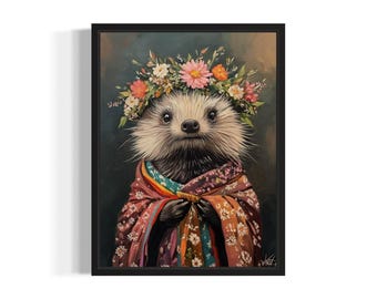 Póster de puercoespín con impresión artística, flores de animales en kimono, decoración de pared, pintura, obra de arte, decoración de dormitorio