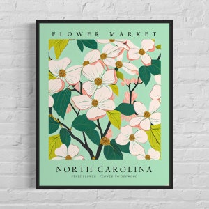Impresión artística de la flor del estado de Carolina del Norte, mercado de flores de Carolina del Norte, cornejo en flor, arte mural de los años 60, obra de arte botánica en tonos pastel neutros