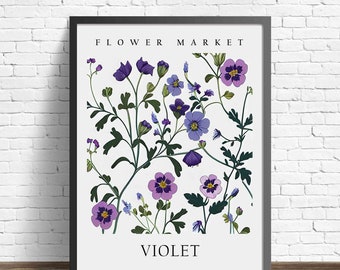 Impresión de arte del mercado de flores violetas, arte de pared violeta, obras de arte pastel botánico