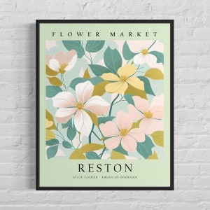 Reston Virginia Flower Market Art Print, Reston, American Dogwood Wall Art, Botanical Pastel Artwork
