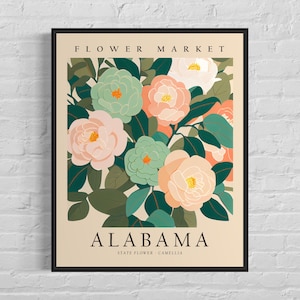 Fleur de l'état de l'Alabama, impression d'art du marché aux fleurs de l'Alabama, art mural camélia des années 1960, oeuvre d'art botanique pastel neutre