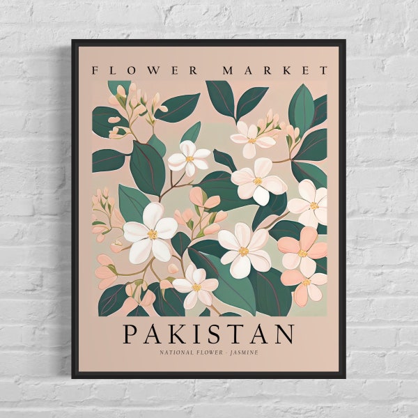 Pakistan National Flower, Pakistan Flower Market Art Print, Jasmine 1960's Wall Art , Neutral Botanical Pastel Artwork