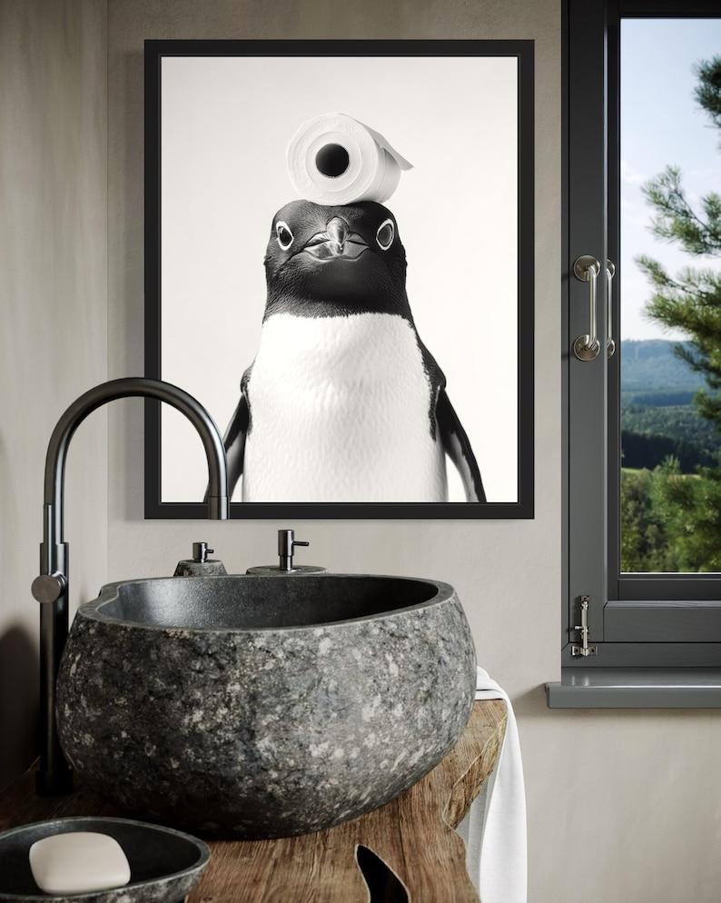Penguin in Restroom Poster Art Print, Animal Wall Art Decor Painting ...