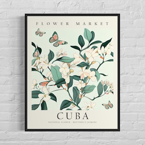 Impresión artística del mercado de flores de Cuba, arte mural con flores de Cuba, mariposa y jazmín, obra de arte botánica en colores pastel
