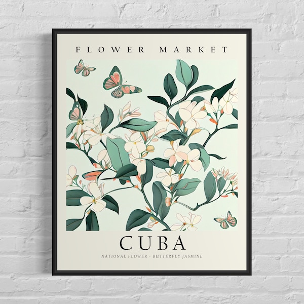 Cuba Flower Market Art Print, Cuba Flower, Butterfly Jasmine Wall Art, Botanical Pastel Artwork