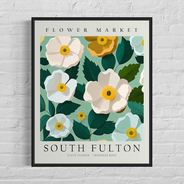 South Fulton Georgia Flower Market Art Print, South Fulton City Poster, Cherokee Rose Wall Art, Botanical Pastel Artwork