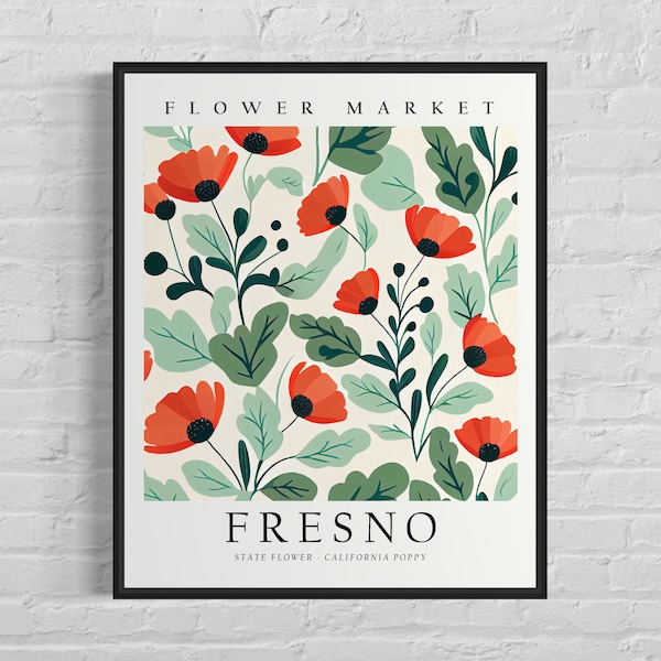 Fresno California Flower Market Art Print, Fresno Flower, California Poppy Flower Wall Art, Botanical Pastel Artwork