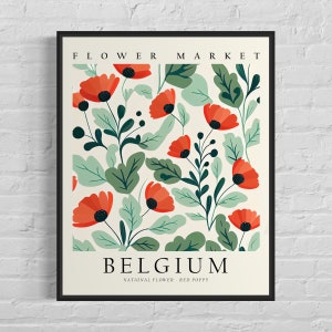 Belgium National Flower, Belgium Flower Market Market Art Print, Red Poppy 1960&#39;s Wall Art , Neutral Botanical Pastel Artwork