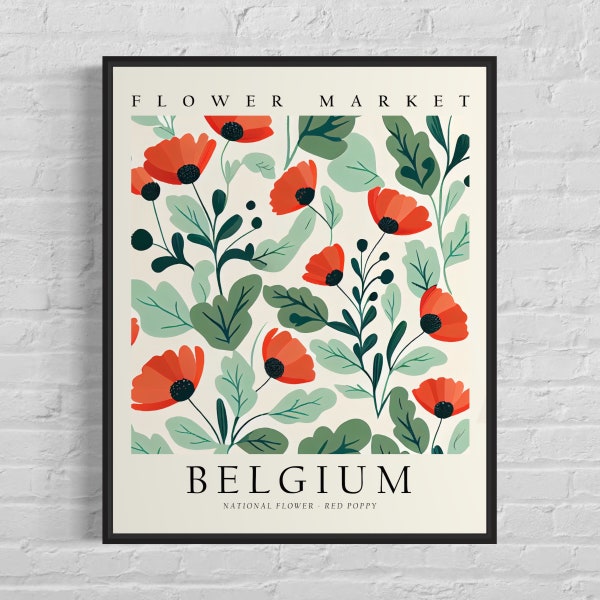 Belgium National Flower, Belgium Flower Market Market Art Print, Red Poppy 1960's Wall Art , Neutral Botanical Pastel Artwork