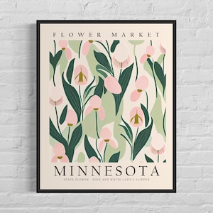 Impresión artística de la flor del estado de Minnesota, mercado de flores de Minnesota, zapatilla de dama rosa y blanca, arte de pared de los años 60, obra de arte botánica en tonos pastel neutros