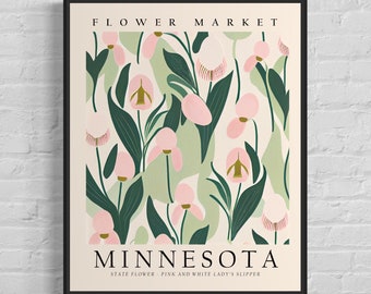 Minnesota State Flower, Minnesota Flower Market Art Print, Pink and White Lady's Slipper 1960's Wall Art, Neutral Botanical Pastel Artwork