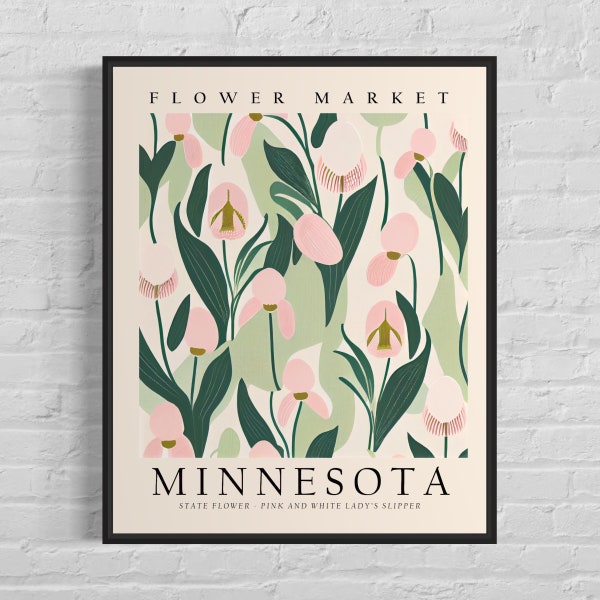 Minnesota State Flower, Minnesota Flower Market Art Print, roze en witte dame slipper jaren 1960 kunst aan de muur, neutrale botanische pastel artwork
