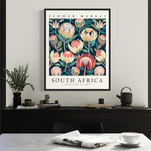 Fleur nationale d'Afrique du Sud, impression d'art du marché aux fleurs, art mural du roi Protea des années 1960, oeuvre d'art botanique pastel neutre image 2