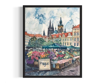 Prague Czech Republic Flower Market Poster Art Print, Neutral Botanical Pastel Artwork Wall Art Painting Bedroom, Restroom Decor