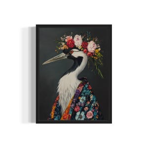 Crane Poster Art Print, Animal Flowers in Kimono Wall Art Decor Painting Artwork