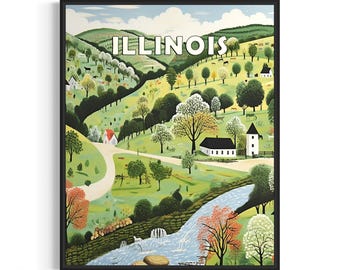 Illinois and Motto Landscape Scenery Poster Art Print, American Folk Art Wall Art Decor, Naive Painting Gifts
