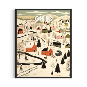 Ohio and Motto Landscape Scenery Poster Art Print, American Folk Art Wall Art Decor, Naive Painting Gifts