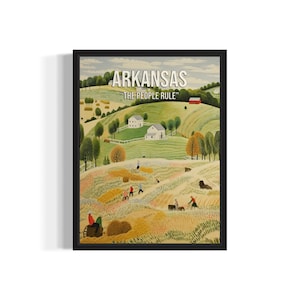 Arkansas and Motto Landscape Scenery Poster Art Print, American Folk Art Wall Art Decor, Naive Painting Gifts