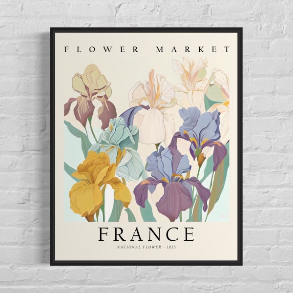France National Flower, France Flower Market Art Print, Iris 1960's Wall Art , Neutral Botanical Pastel Artwork