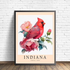 Impresión artística de pájaro del estado de Indiana, flor del estado de Indiana, arte de pared de Indiana, decoración del hogar