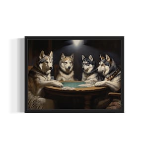 Siberian Huskies Playing Cards Poster Art Print, Dog Poker Man Cave Humor Wall Art Decor, Dog Lover, Pet Artwork Painting