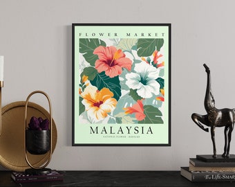 マレーシアの国花、マレーシアの花市場のアートプリント、ハイビスカス