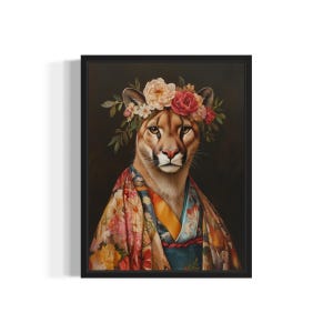 Puma Plakat Art Print, Kwiaty Zwierzęce w Kimono Dekoracja Ścienna Malarstwo Dzieło Sztuki Dekoracja Sypialni