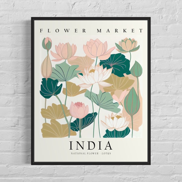 India National Flower, India Flower Market Art Print, Lotus 1960's Wall Art , Neutral Botanical Pastel Artwork