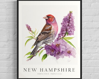 May include: A watercolor painting of a purple finch perched on a branch of purple lilac flowers. The painting is titled "NEW HAMPSHIRE" with the caption "PURPLE FINCH - PURPLE LILAC".
