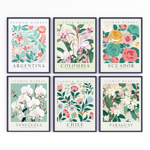 South America Flower Market Poster Set Art Print, (Set of 6) Argentina, Colombia, Ecuador, Venezuela, Chile, Paraguay Flower Market 6PanelE