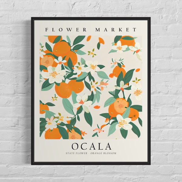 Ocala Florida Flower Market Art Print, Ocala Flower, Orange Blossom Wall Art, Botanical Pastel Artwork