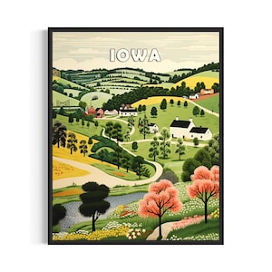 Iowa and Motto Landscape Scenery Poster Art Print, American Folk Art Wall Art Decor, Naive Painting Gifts
