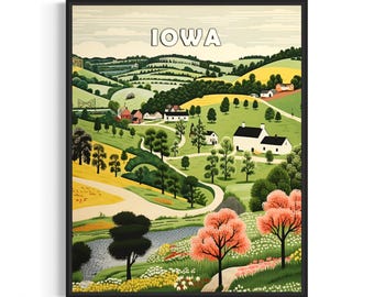 Impression d'art de paysage de paysage de l'Iowa et de la devise, impression d'art, déco murale d'art folklorique américain, cadeaux de peinture naïve
