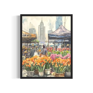Jakarta Indonesia Flower Market Poster Art Print, Neutral Botanical Pastel Artwork Wall Art Painting Bedroom, Restroom Decor