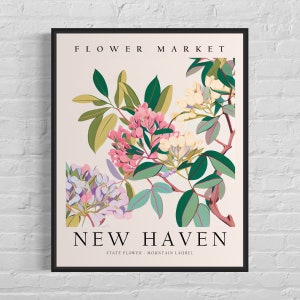 New Haven Connecticut Flower Market Art Print, New Haven Flower, Mountain Laurel Wall Art, Botanical Pastel Artwork
